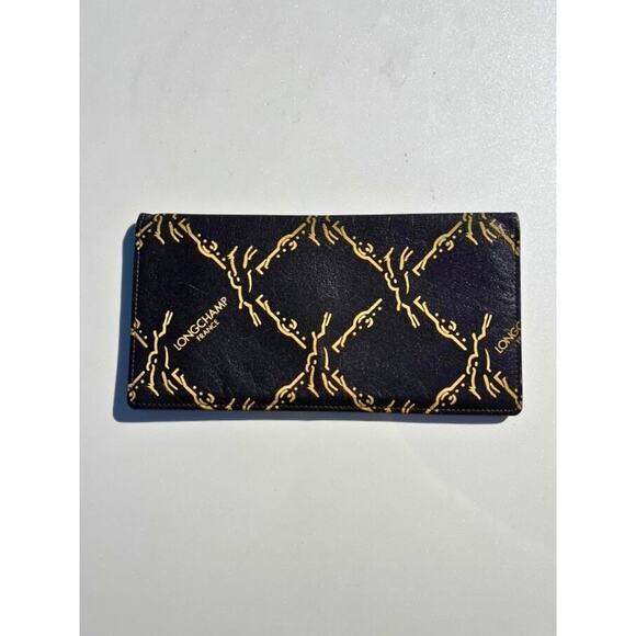 Longchamp Paris Black Leather Gold Horse Print Checkbook Wallet France Vintage - Picture 3 of 8